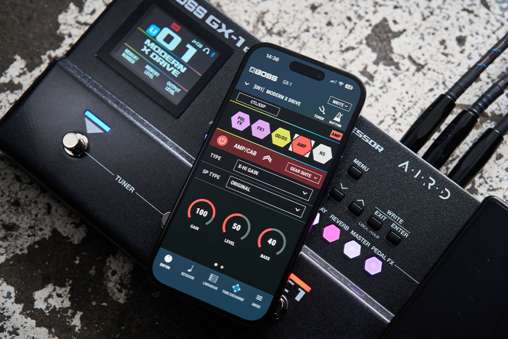 BOSS GX-1 guitar multi effects processor with USB recording and mobile app editing interface
