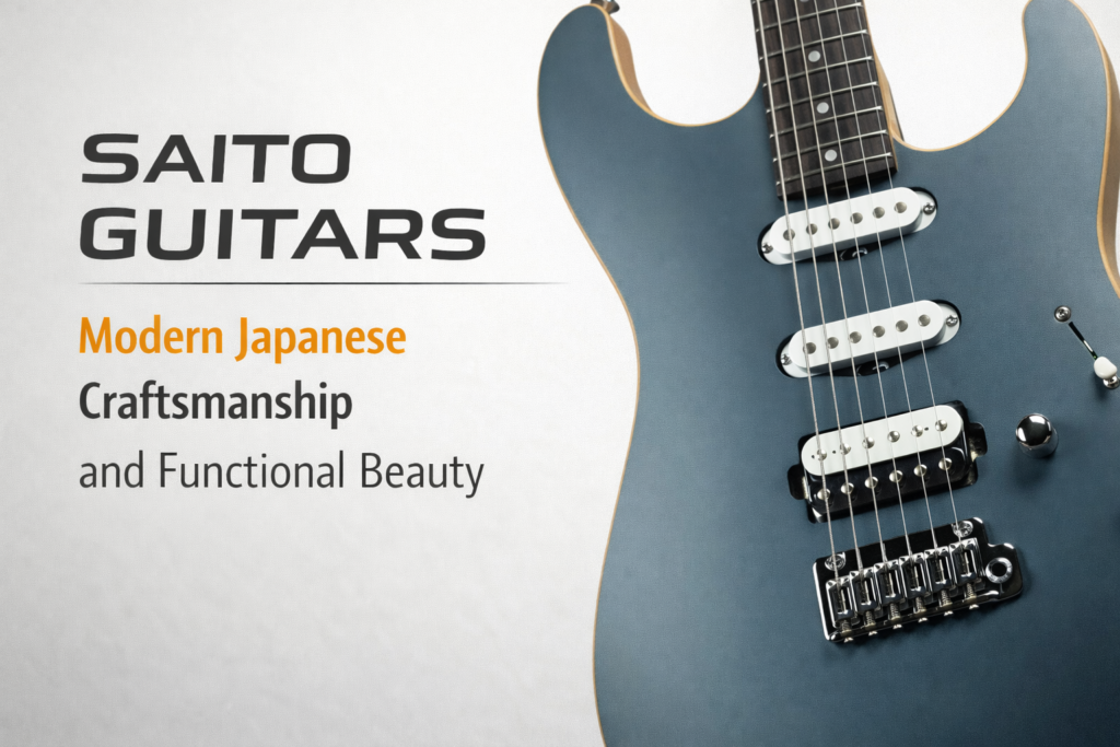 Promotional banner for Saito Guitars featuring a blue S-style electric guitar with HSS pickups and the text “Saito Guitars – Modern Japanese Craftsmanship and Functional Beauty.