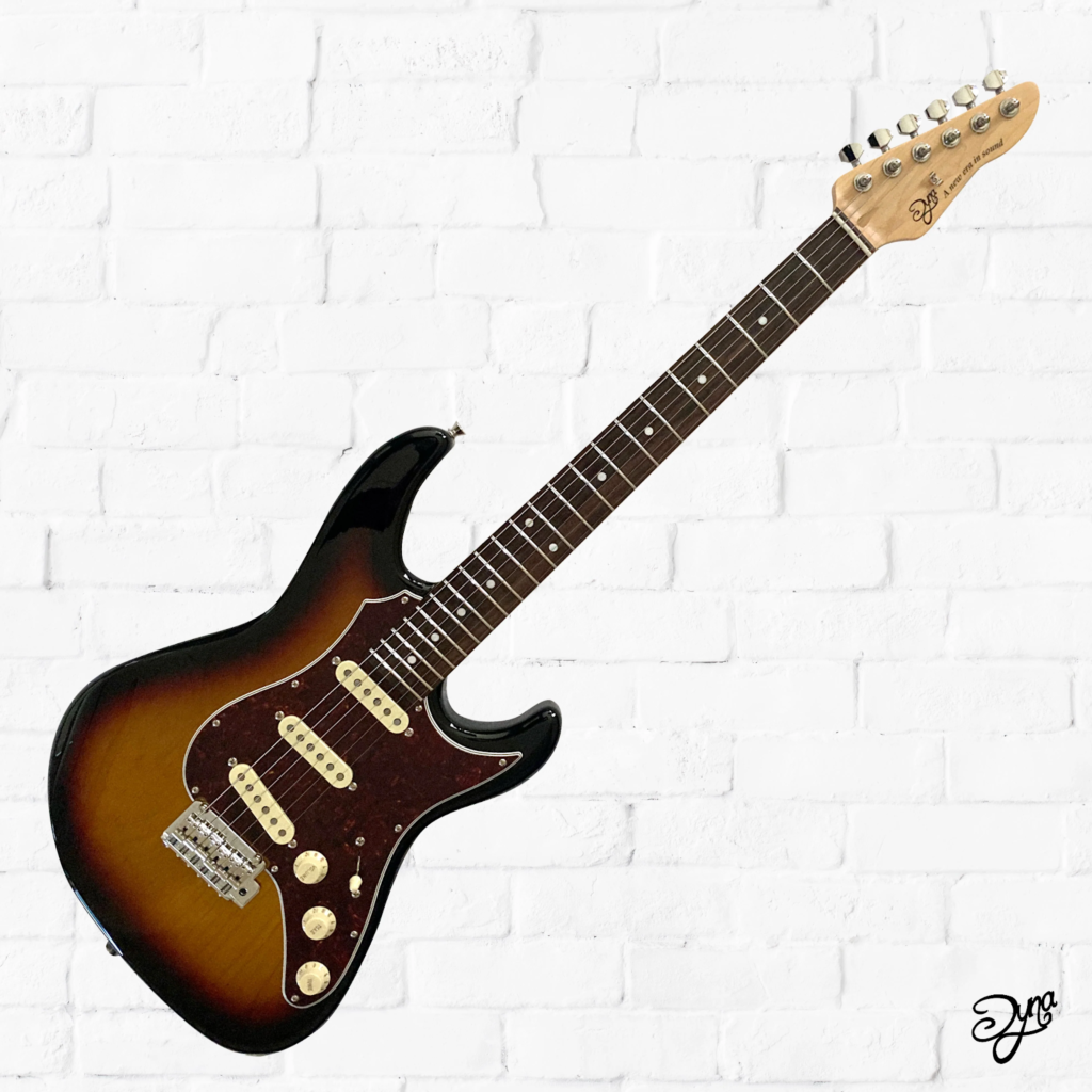 Dyna Gakki JA-STER Standard 3TS electric guitar in three-tone sunburst finish with three single-coil pickups and vintage-style tremolo bridge.