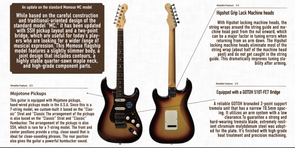Momose Modern Virtuoso spec sheet showing front and back with Hipshot Grip-Lock tuners, Mojotone pickups and a Gotoh bridge