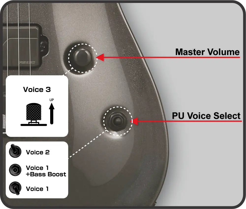 ESP MT-1 control layout showing master volume and Fishman Fluence voice select switch