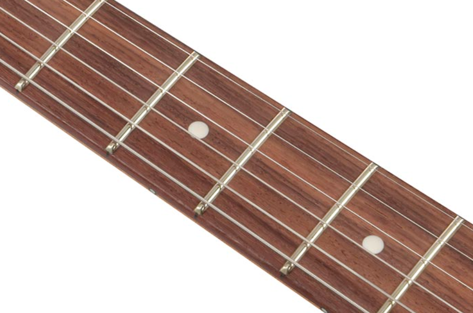Ibanez FLATV2 rosewood fingerboard close-up with 21 medium frets and ivory dot inlays