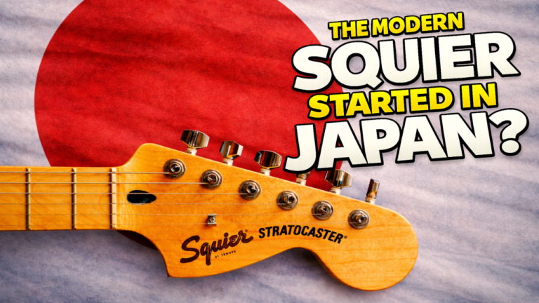 Squier Stratocaster headstock maple neck Japan flag background Fender Japan history JV era