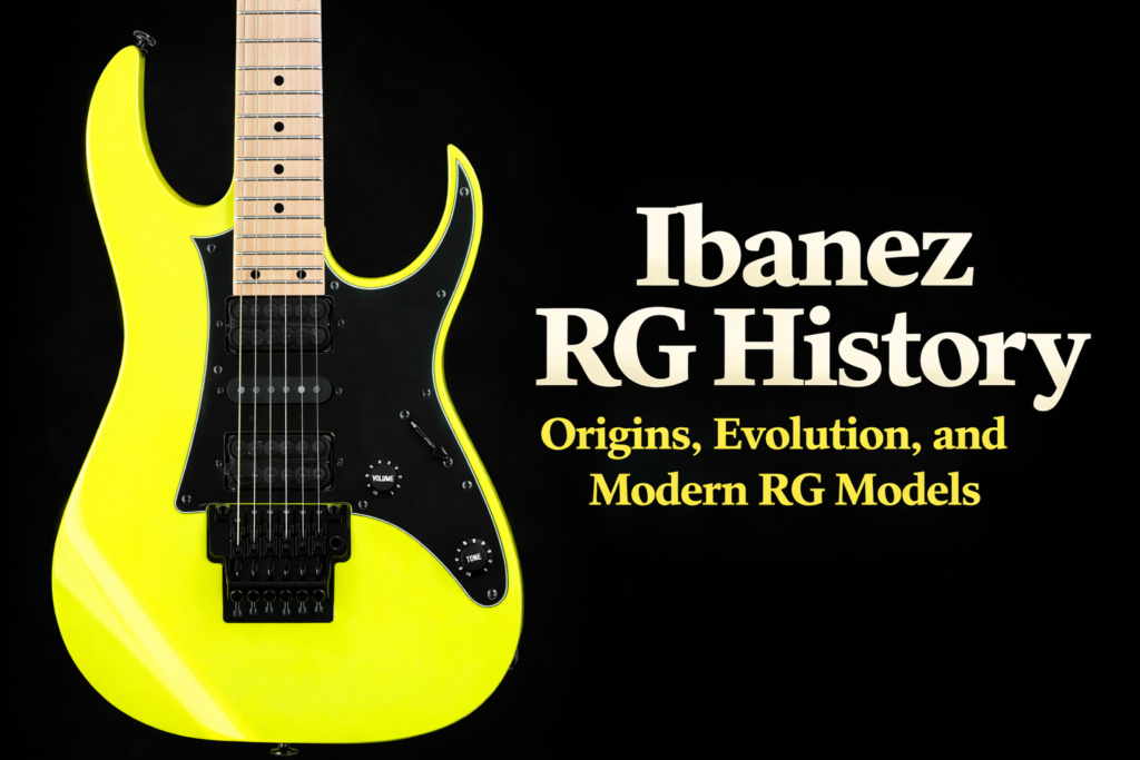 Ibanez RG history electric guitar featuring a bright yellow RG model illustrating the evolution of the Ibanez RG series