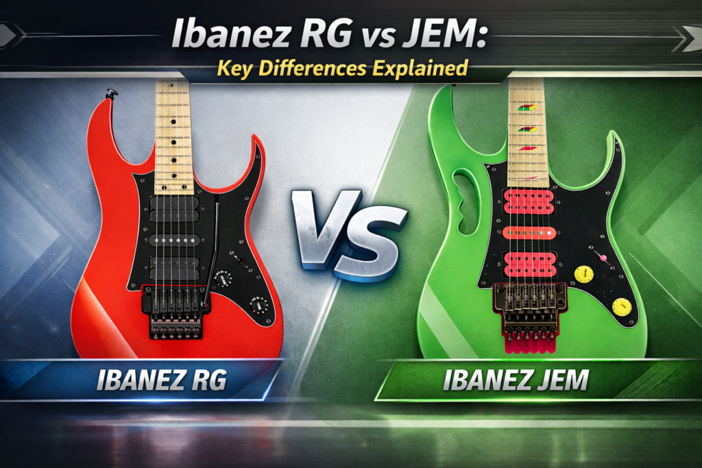 Ibanez RG vs JEM guitar comparison showing RG and JEM body designs side by side