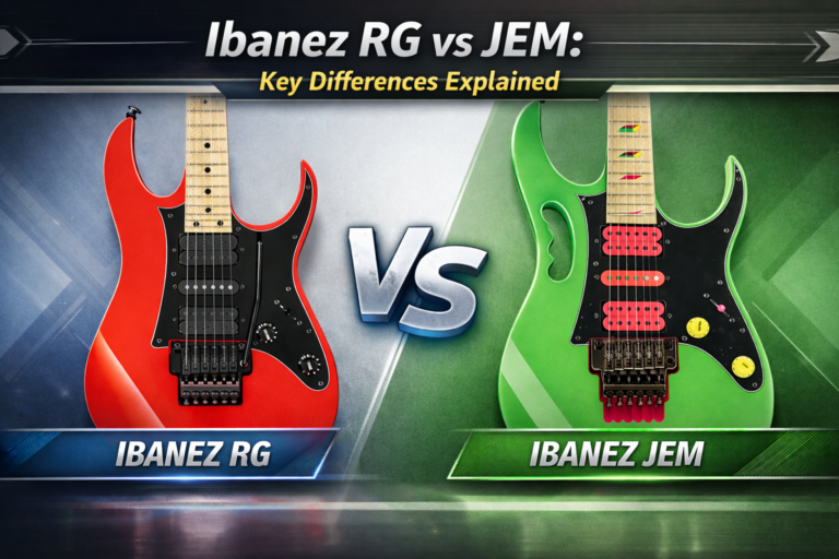 Ibanez RG vs JEM guitar comparison showing RG and JEM body designs side by side