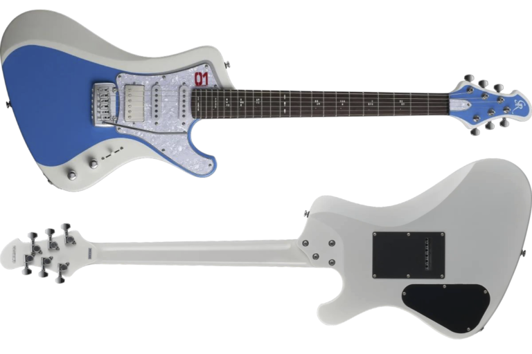 GrassRoots G-STREAM-Miku SNOW MIKU Edition electric guitar in white and blue finish, front and back view