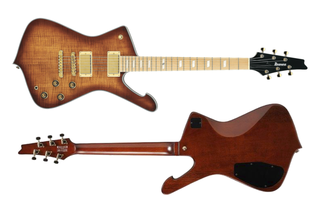 Ibanez IC420MFM Iceman electric guitar front and back view with flamed maple top