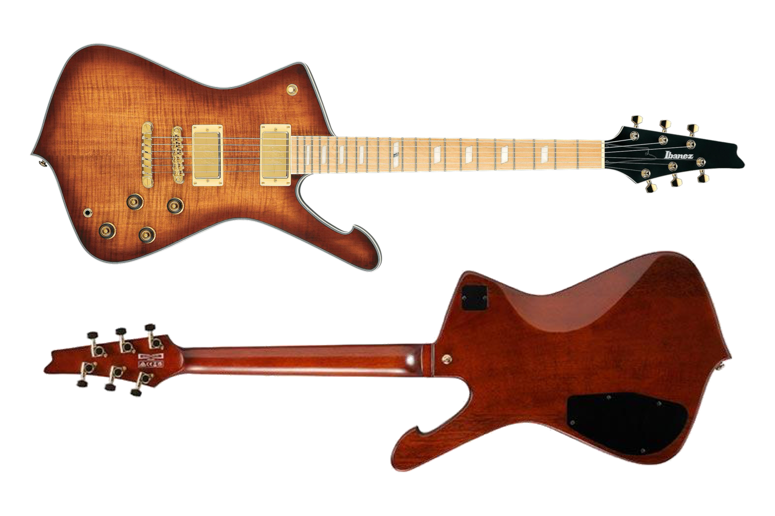 Ibanez IC420MFM Iceman electric guitar front and back view with flamed maple top