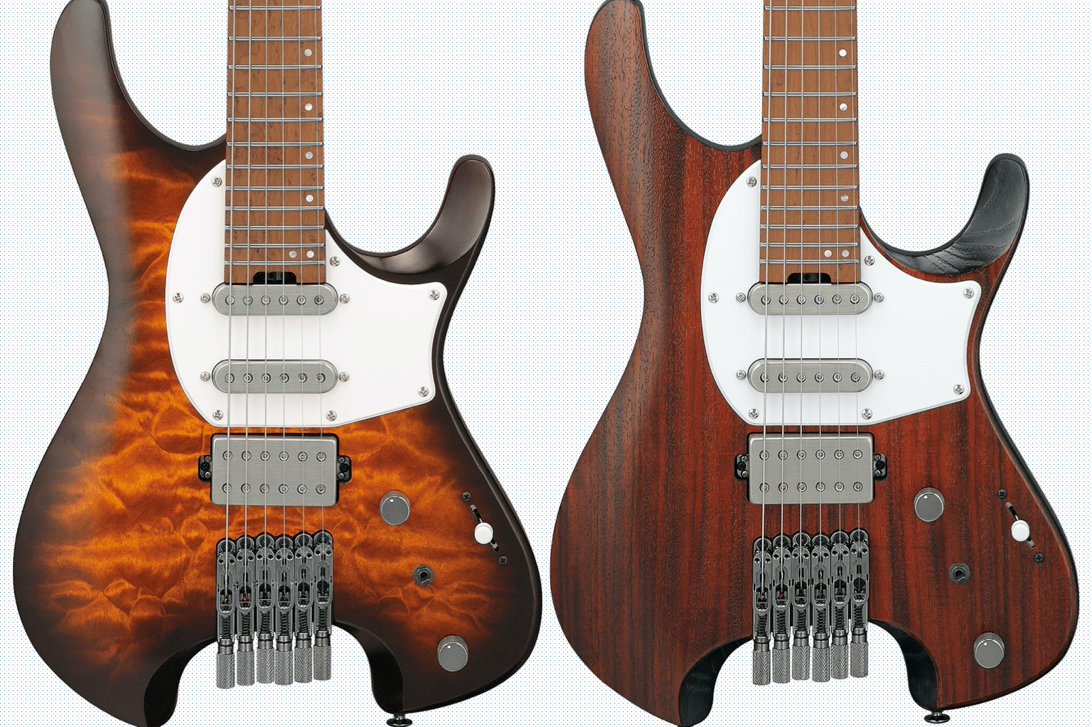 Ibanez Q54WQM-DEL and Q54WR-CNL headless guitars in low gloss finishes