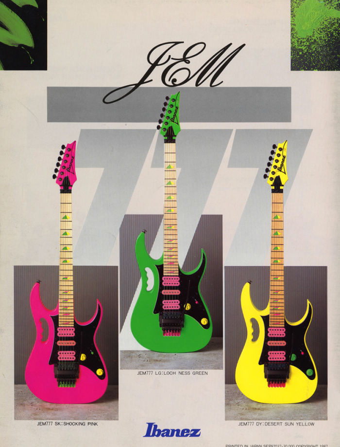 Ibanez JEM777 guitars in three original colors with monkey grip body design