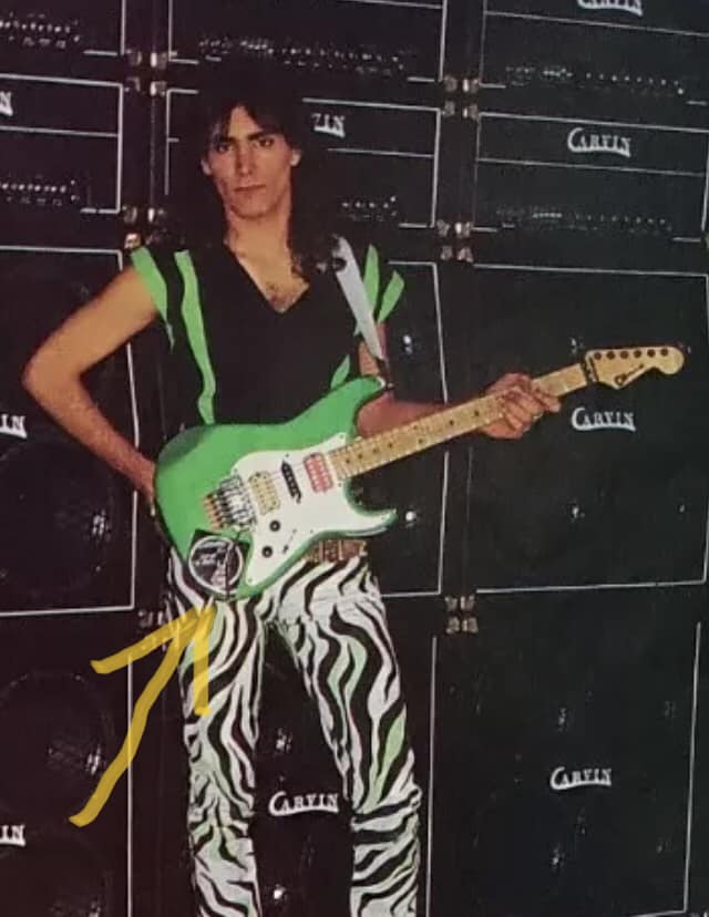 Steve Vai in the mid-1980s experimenting with superstrat-style guitars before the development of the Ibanez JEM