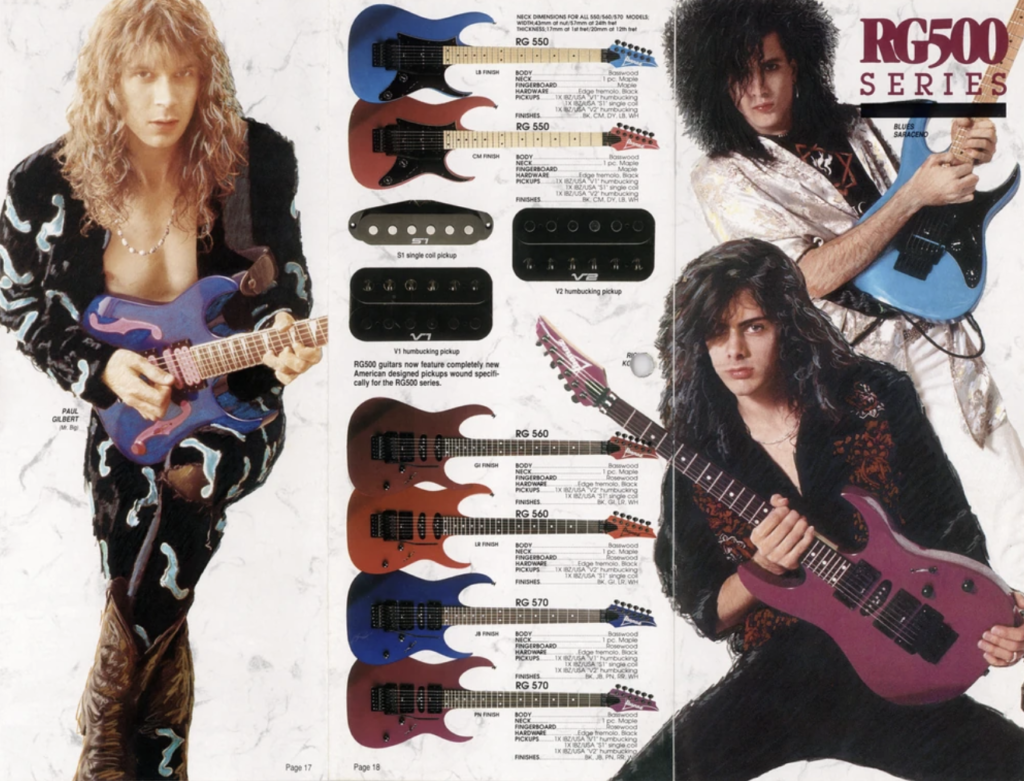 Ibanez 1990 catalog featuring RG500 series superstrat guitars with Paul Gilbert