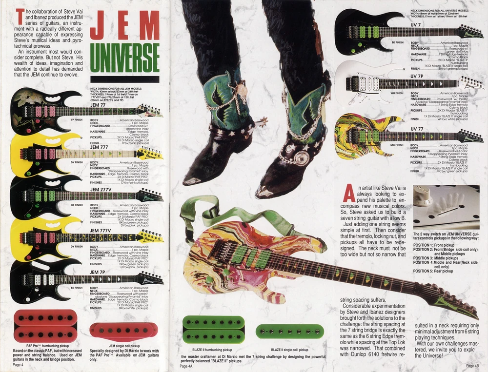 Ibanez 1990 catalog featuring JEM and Universe guitars designed with Steve Vai