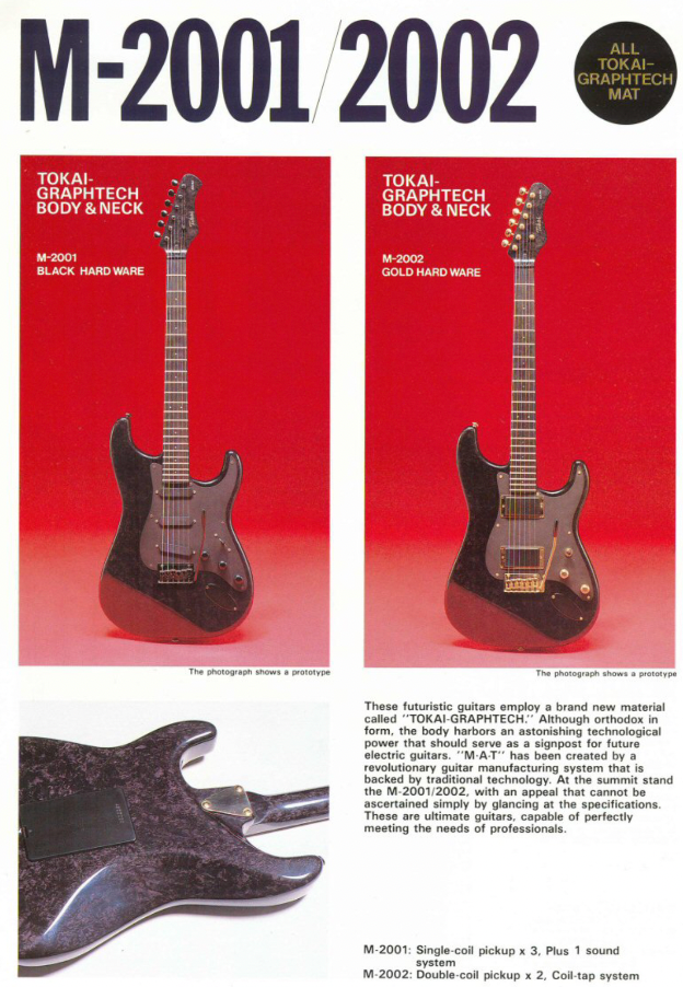 Tokai MAT catalogue page showing M-2001 and M-2002 flagship models with full GRAPHTECH body and neck