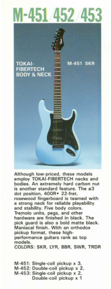 Tokai MAT catalogue page showing M-451, M-452, and M-453 models with FIBERTECH body and neck
