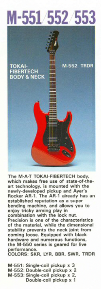 Tokai MAT catalogue page showing M-551, M-552, and M-553 tremolo-focused models with FIBERTECH construction