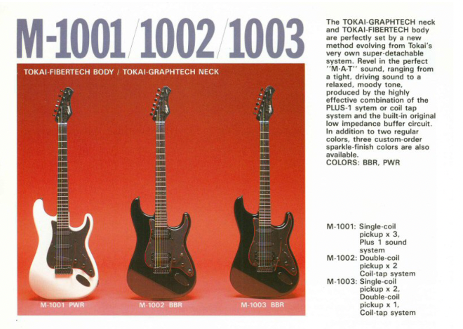 Tokai MAT catalogue page showing M-1001, M-1002, and M-1003 hybrid models with FIBERTECH body and GRAPHTECH neck