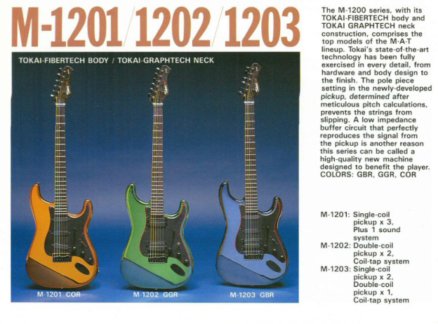 Tokai MAT catalogue page showing M-1201, M-1202, and M-1203 high-end hybrid models