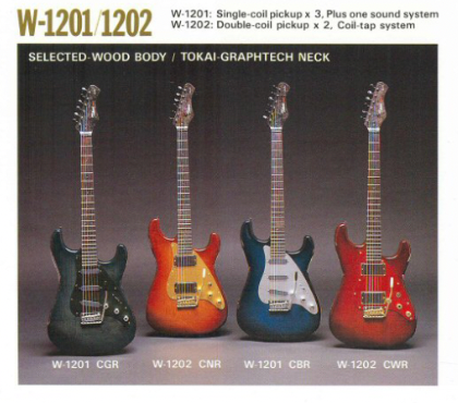 Tokai MAT catalogue page showing W-1201 and W-1202 hybrid models with wood body and GRAPHTECH neck