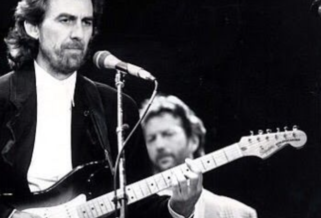 George Harrison playing an export-spec tobacco sunburst Squier JV Stratocaster at Wembley Arena in 1987