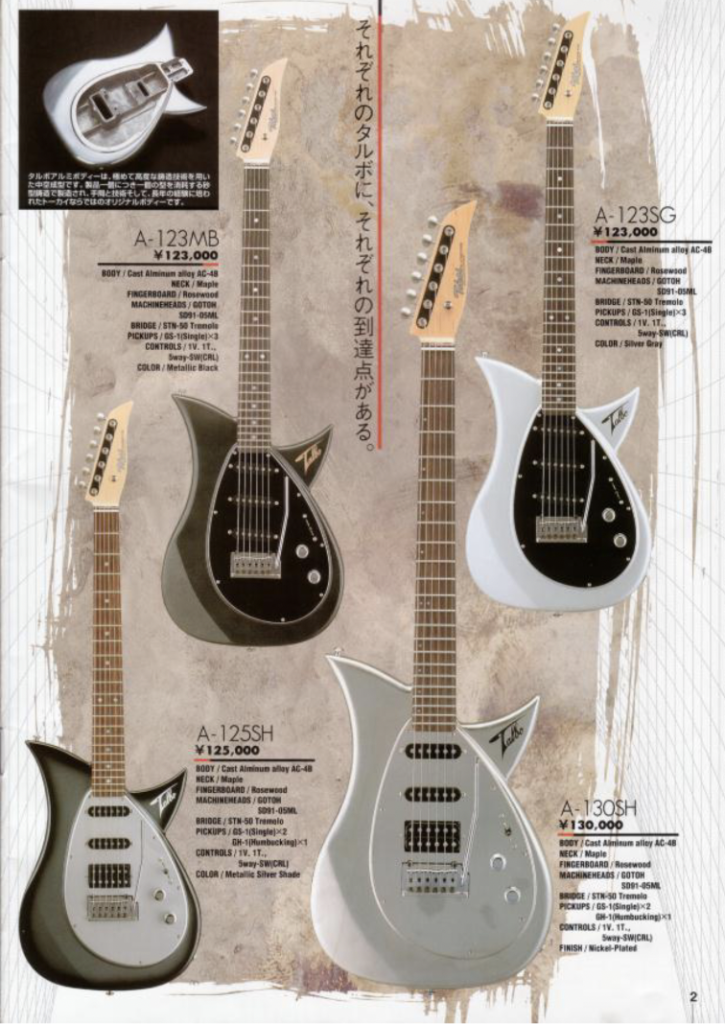 Tokai 2000 catalogue page showing revived Talbo models including A-123MB, A-123SG, A-125SH, and A-130SH