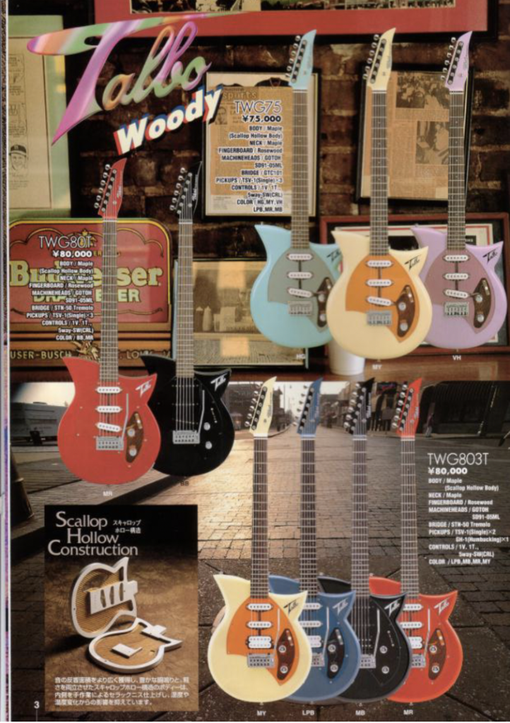 Tokai 2000 catalogue page showing Talbo Woody models in multiple finishes and construction variations