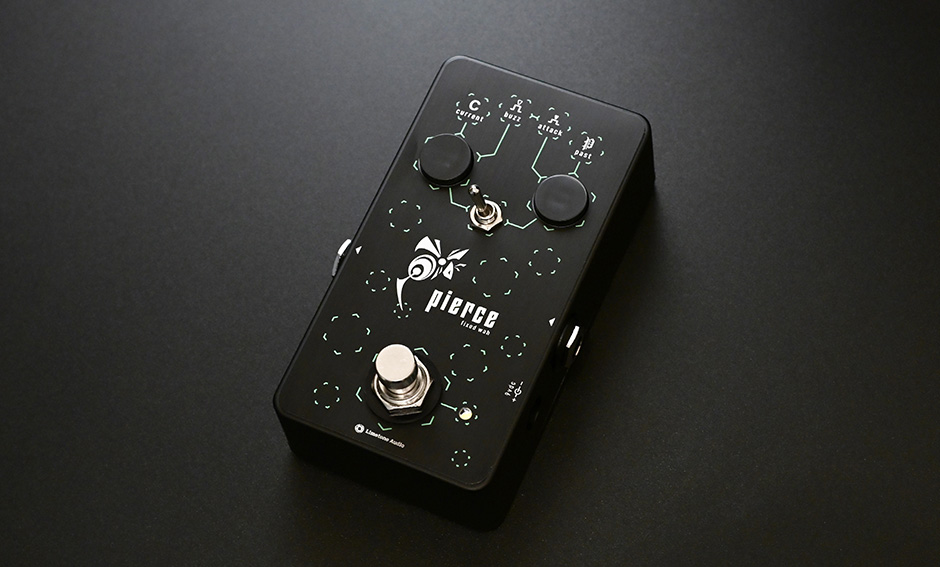 Limetone Audio pierce fixed wah pedal angled view on dark surface
