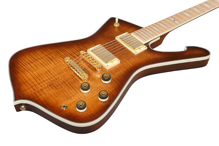 Ibanez IC420MFM Iceman flamed maple top body detail in sunburst finish