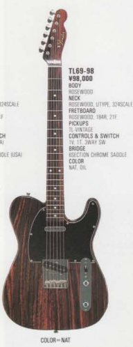 Fender Japan TL69-98 Rosewood Telecaster shown in a 1989 catalog with rosewood body, black pickguard, and NAT finish.
