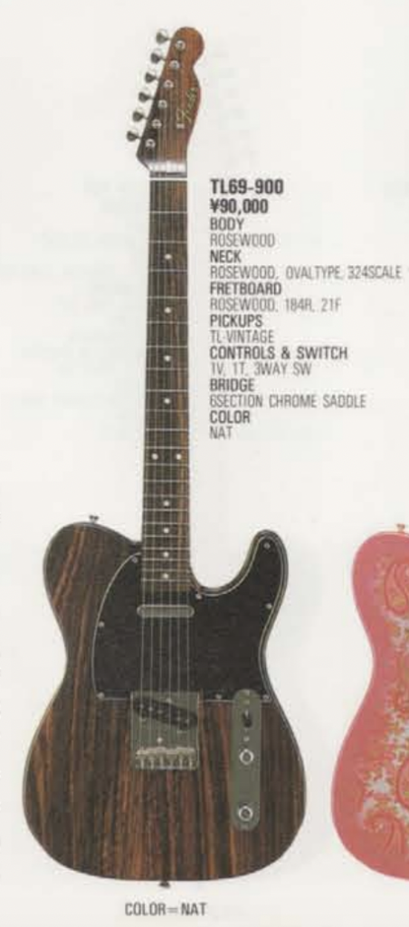Fender Japan TL69-900 Rosewood Telecaster shown in a 1990 catalog with rosewood body and black pickguard.