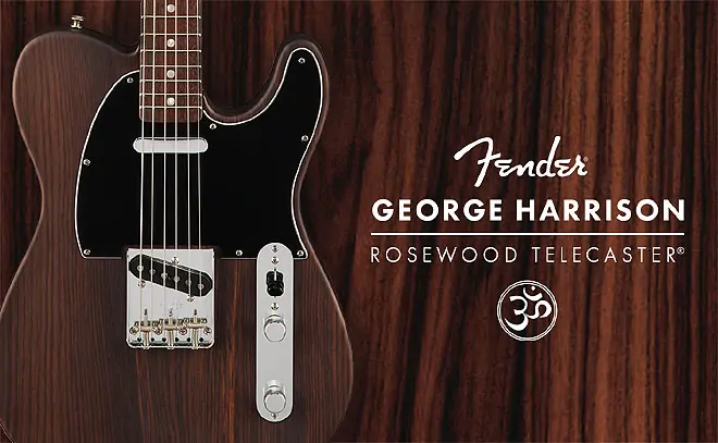 Fender 2022 George Harrison Rosewood Telecaster reissue shown in official promotional image with dark rosewood body and black pickguard.