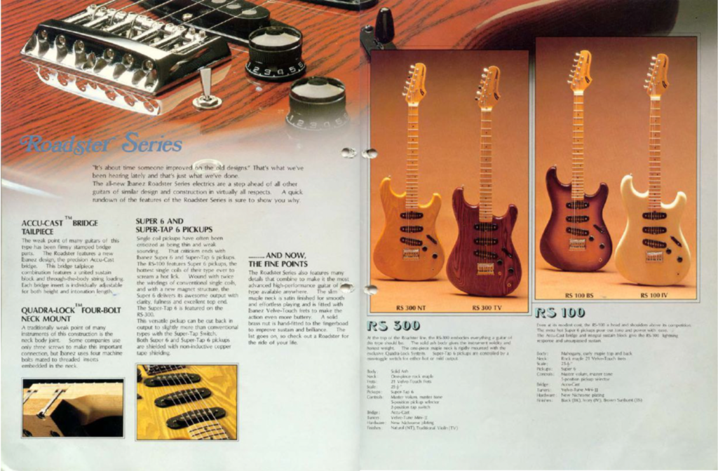 Ibanez Roadster series Strat style electric guitars shown in a vintage Ibanez catalog from 197
9.