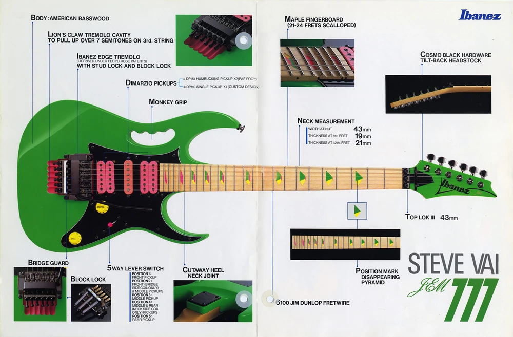 Ibanez JEM777 Steve Vai signature guitar diagram showing Monkey Grip, Lion’s Claw tremolo cavity and DiMarzio pickups