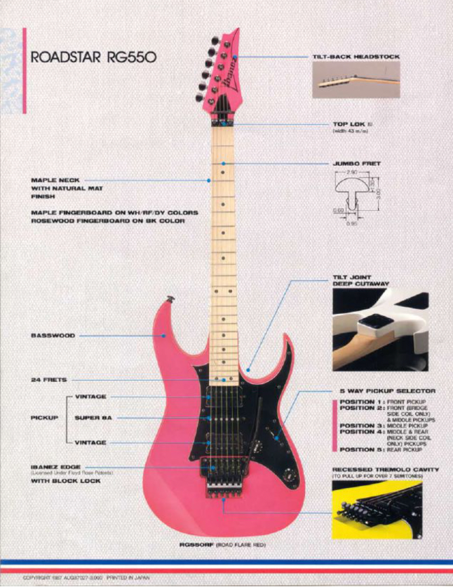 Ibanez RG550 guitar design diagram from the 1987 catalog showing 24 frets, basswood body and Edge tremolo system