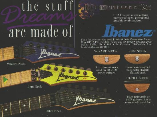 Ibanez Wizard neck profile comparison shown in a vintage catalog featuring Wizard, JEM and Ultra neck designs