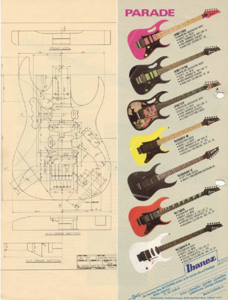 Ibanez RG series expansion shown in a vintage catalog with RG body blueprint and multiple RG guitar models