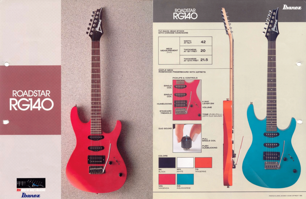 Ibanez Roadstar RG140 electric guitar shown in a vintage catalog with red finish and model specifications