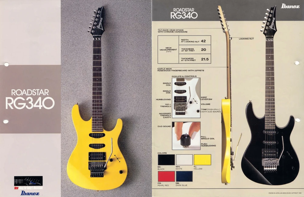 Ibanez Roadstar RG340 electric guitar shown in yellow finish in a vintage catalog with model specifications