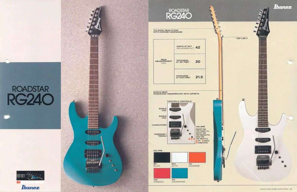 Ibanez Roadstar RG240 electric guitar in turquoise finish displayed in a vintage catalog with specifications and color options
