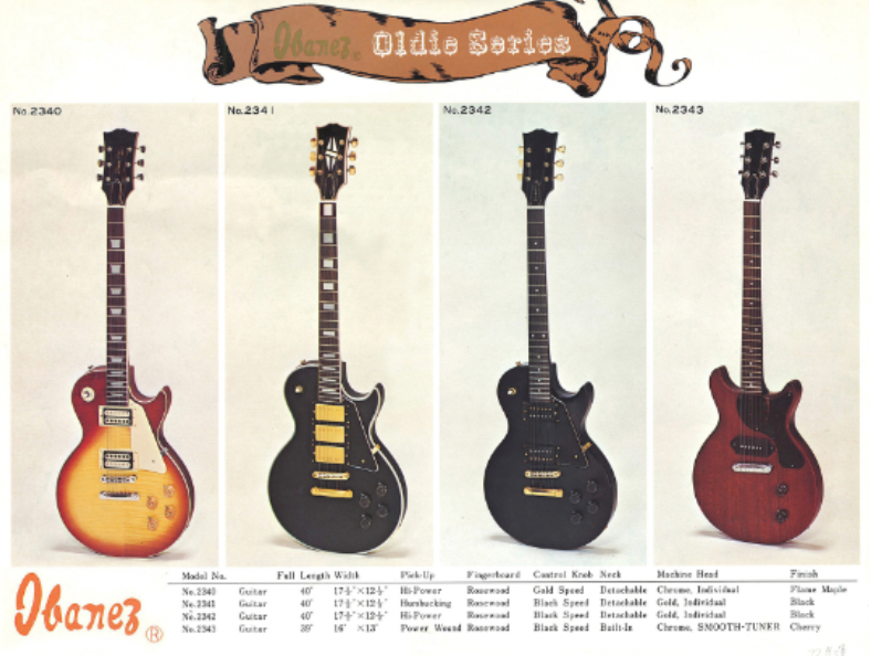 Ibanez Les Paul style electric guitars shown in a 1975 Ibanez catalog during the pre-RG era