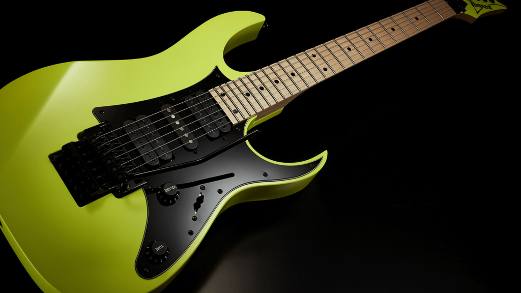 Ibanez RG  Genesis Collection electric guitar in bright neon yellow finish showing the superstrat body design and HSH pickup configuration