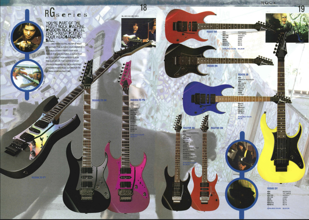 Ibanez RG series electric guitars lineup shown in a 1996 Ibanez catalog