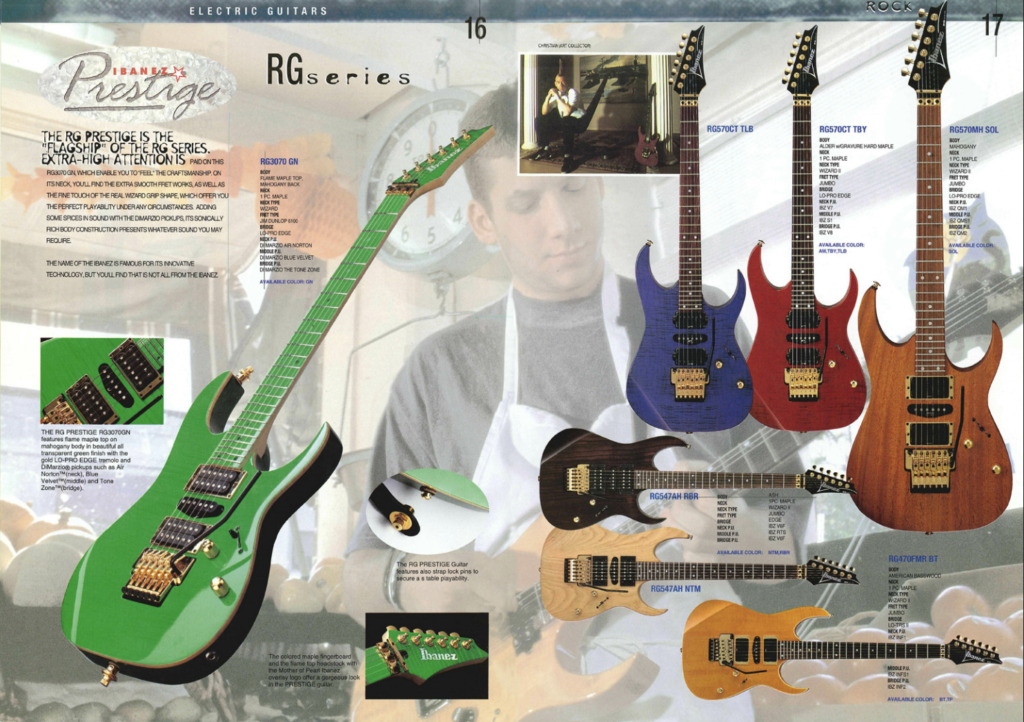Ibanez Prestige RG series electric guitars shown in the 1996 Ibanez catalog