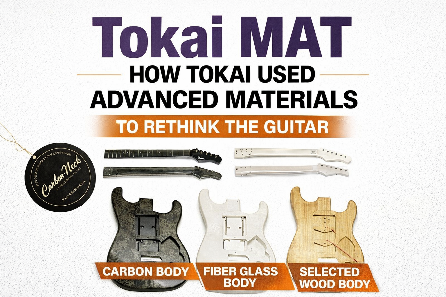 Featured image for the Tokai MAT article showing carbon, fiberglass, and selected wood body concepts with MAT branding