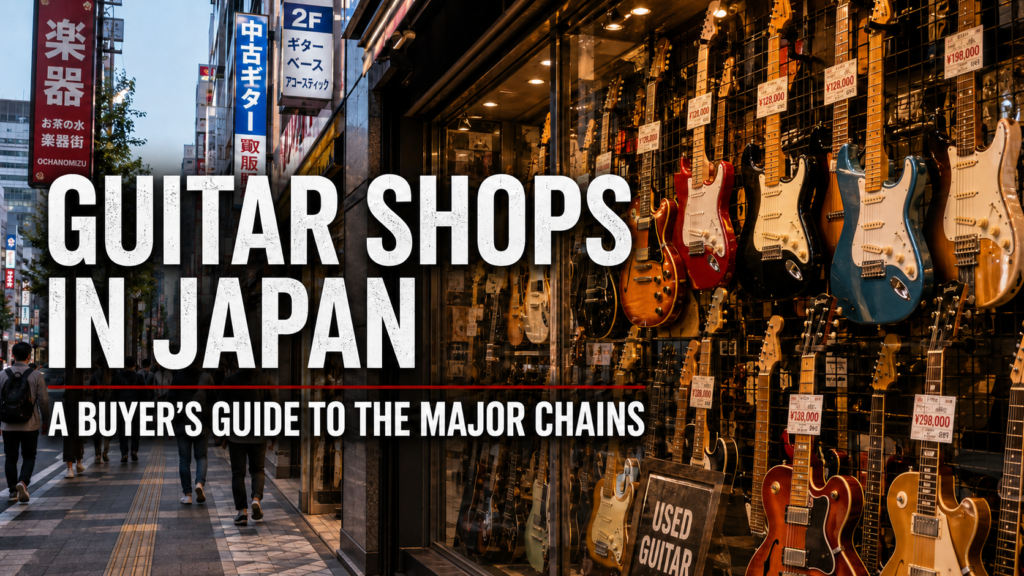 Guitar shops and used guitar displays in Tokyo, Japan