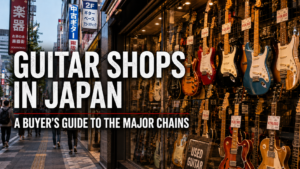 Guitar shops and used guitar displays in Tokyo, Japan