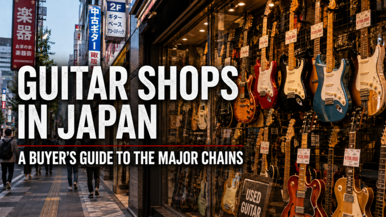 Guitar shops and used guitar displays in Tokyo, Japan