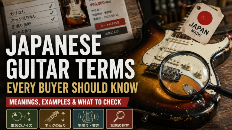 Japanese guitar condition terms gari, sori, nari, and kizu shown beside a used electric guitar