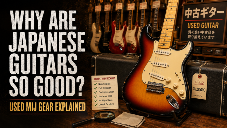 Used Japanese guitars displayed in a Japanese guitar shop